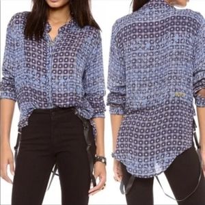 Free People Caravan Boho Button Up Floral Windowpane Plaid Blouse Blue